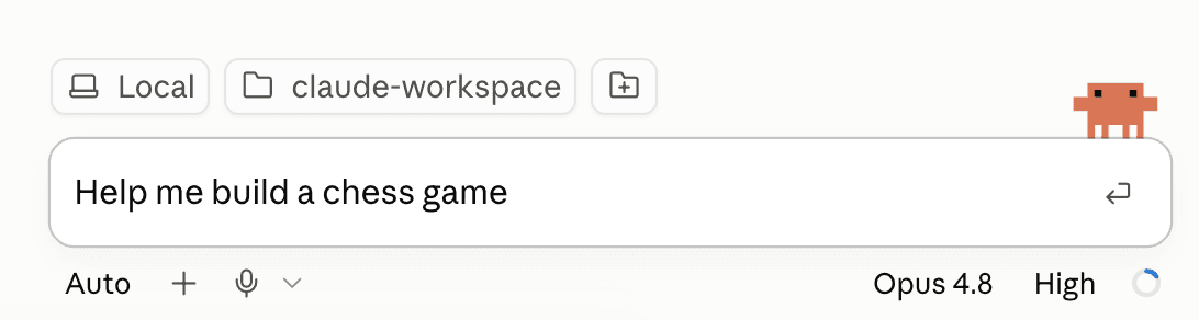 The Claude Code box with the claude-workspace folder selected and a request typed in