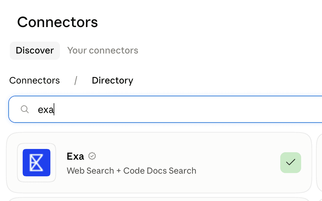 The Connectors directory with exa typed in the search box and the Exa result added