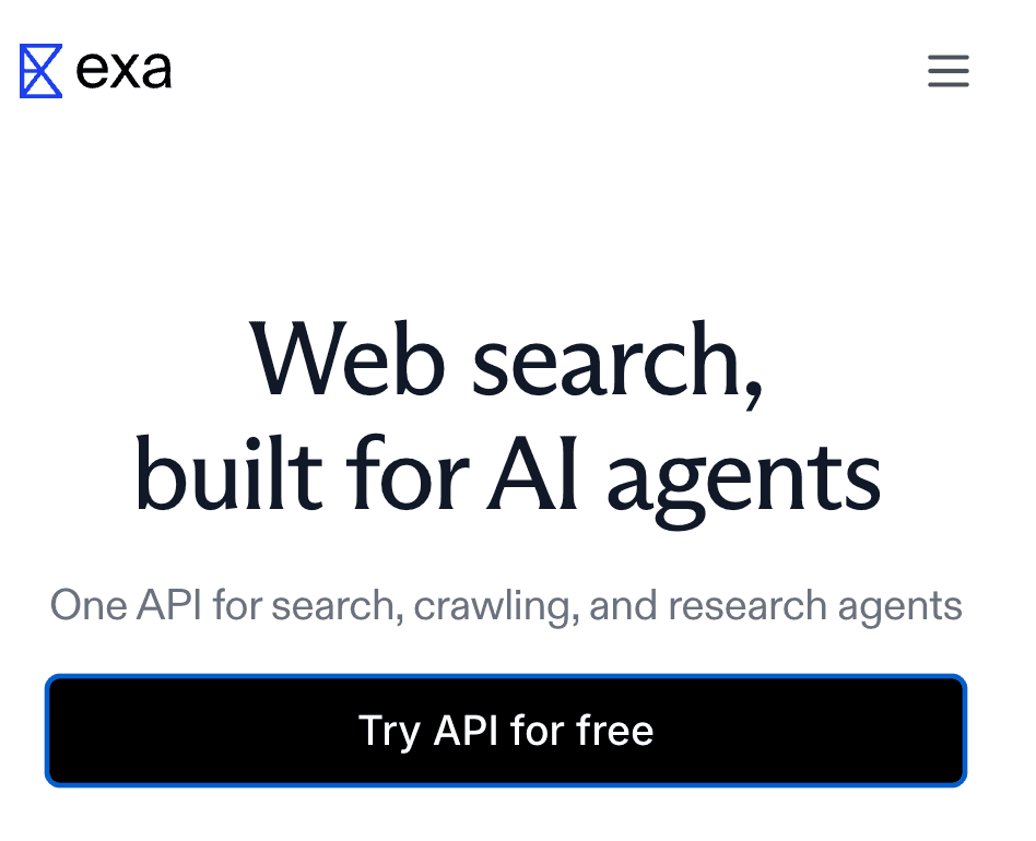 The Exa home page with a Try API for free button