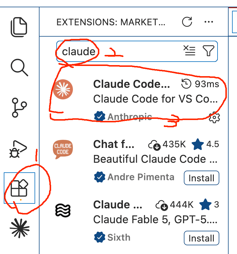 The VS Code extensions panel with claude typed in the search box and the Claude Code result circled