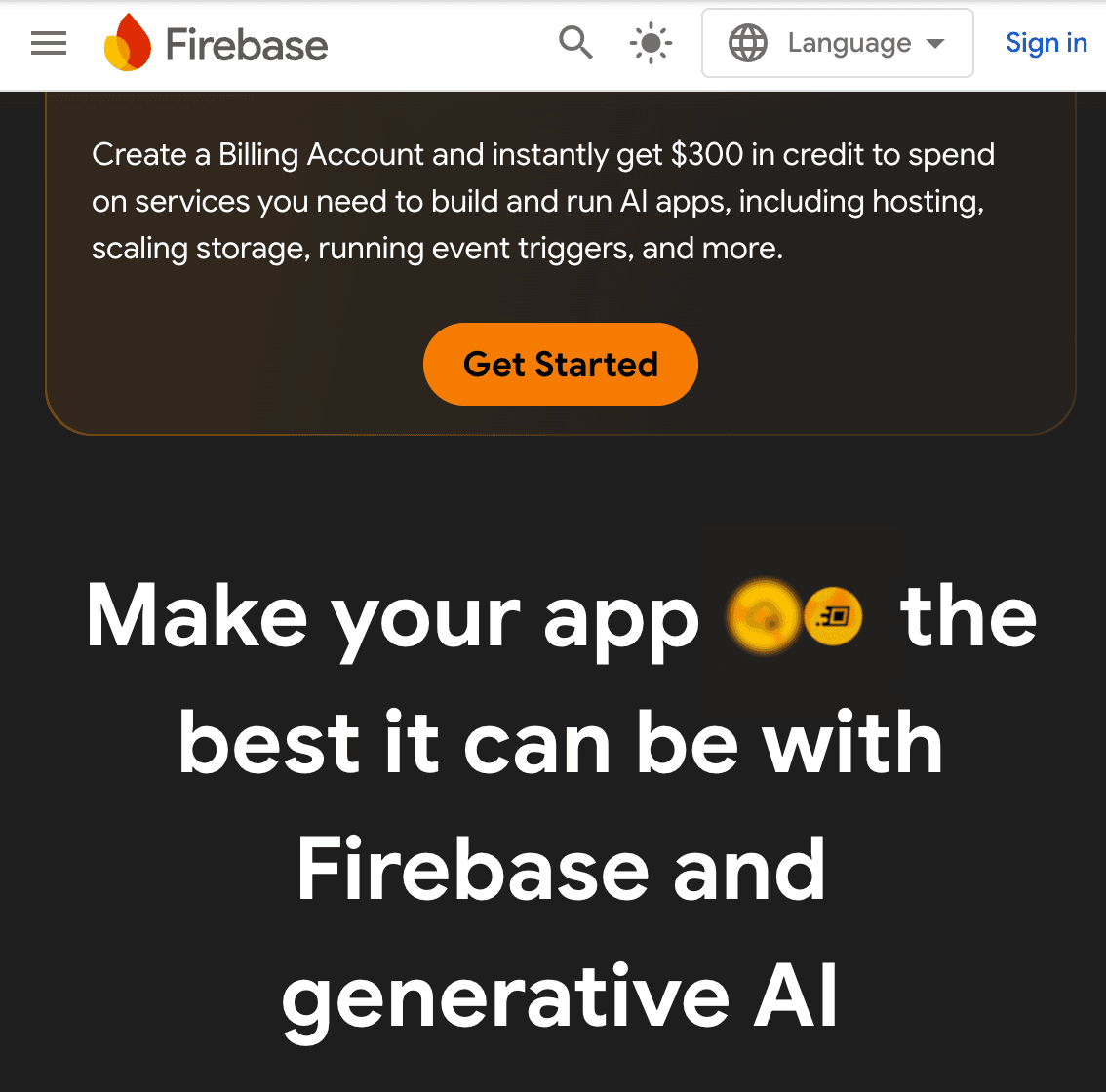 The Firebase home page with a Get Started button