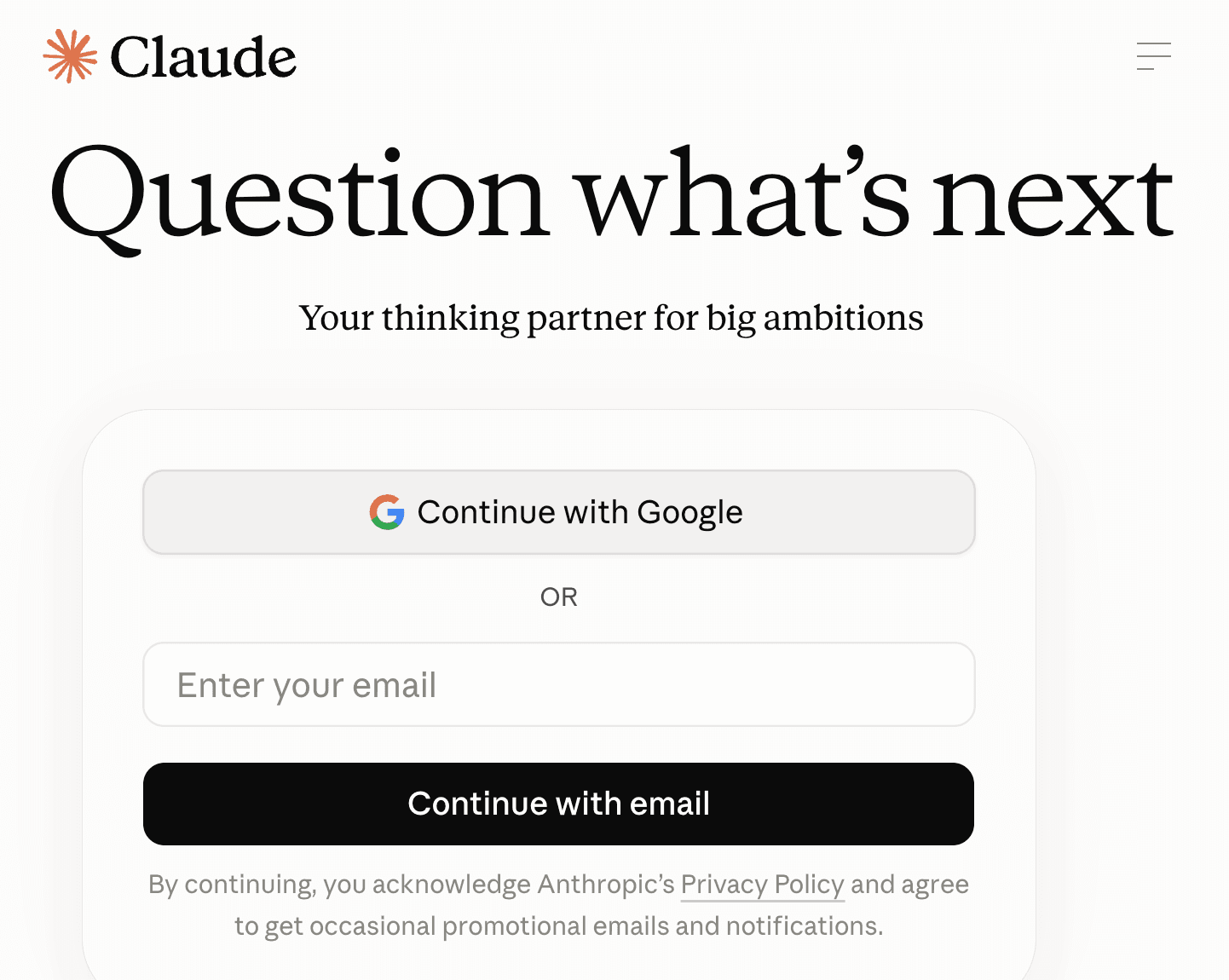 The Claude sign-up page with Continue with Google and Continue with email options