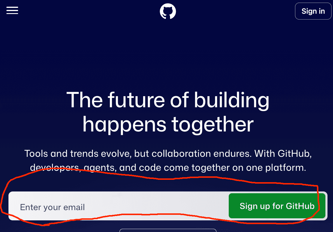 The GitHub home page with the email box and Sign up for GitHub button circled