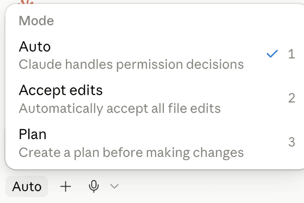The Claude Code mode menu showing Auto, Accept edits, and Plan