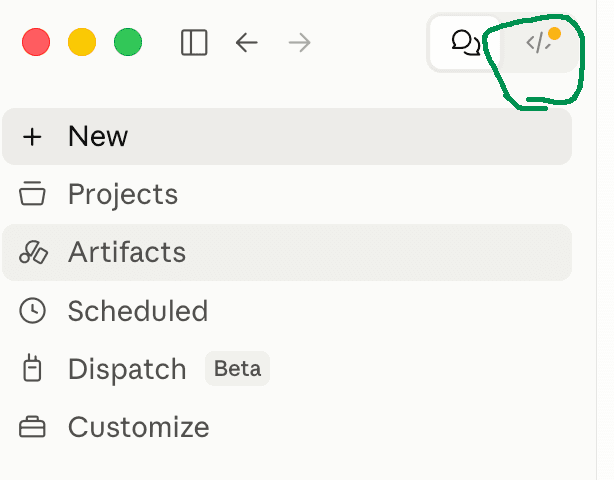 The top of the Claude app with the code icon circled