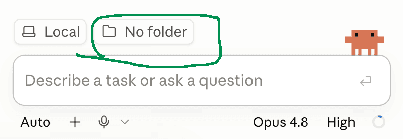 The Claude Code box with the No folder button circled