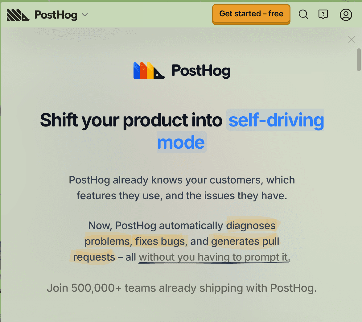The PostHog home page with a Get started, free button in the top right