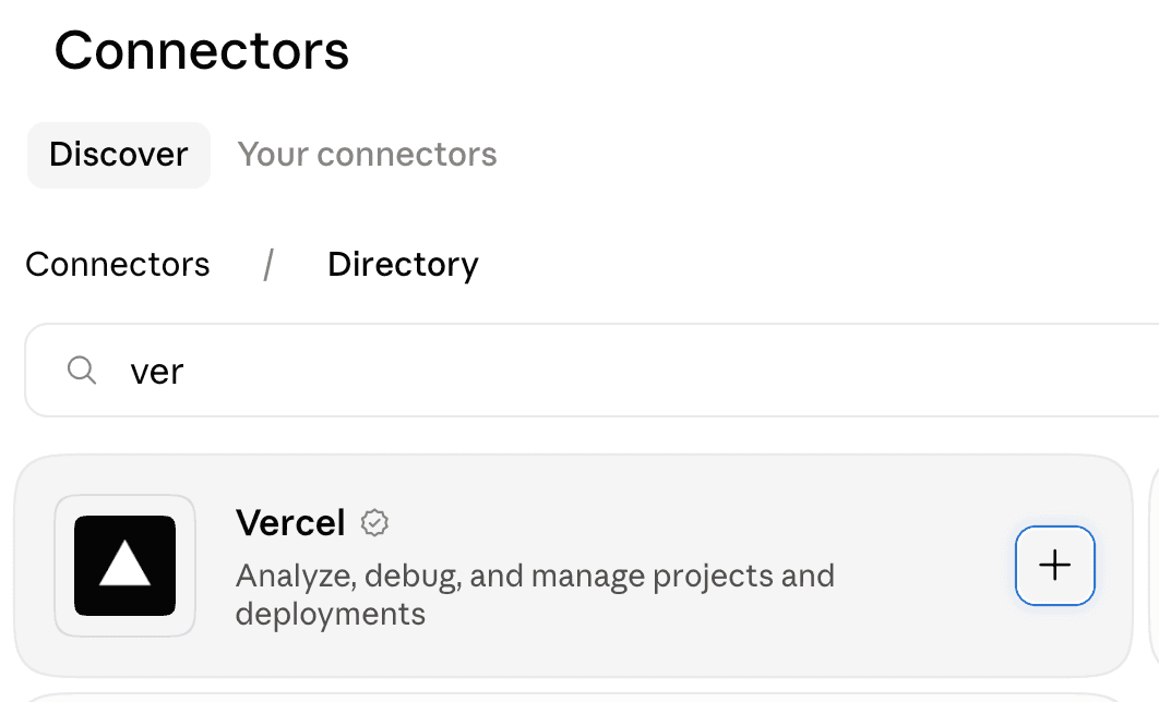The Connectors directory with vercel typed in the search box and the Vercel result showing a plus button
