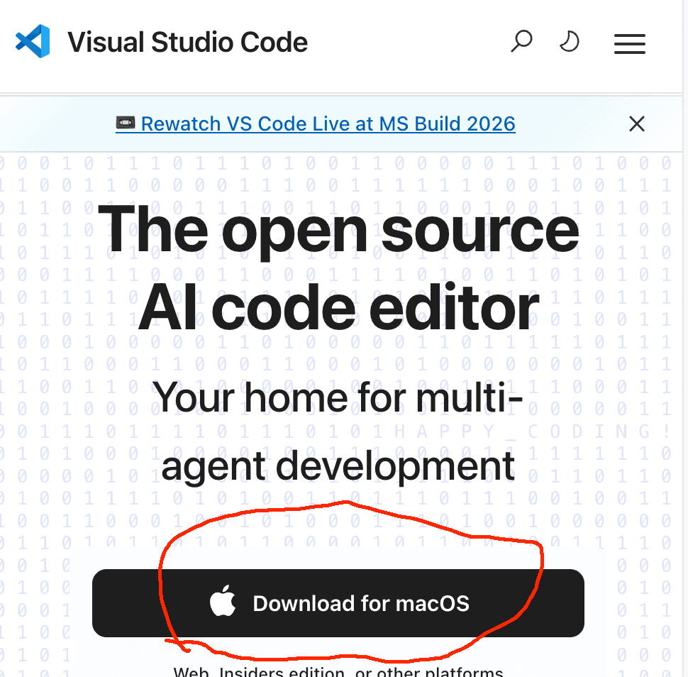 The Visual Studio Code home page with the Download button circled