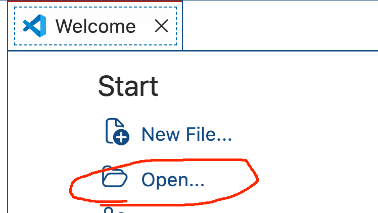 The VS Code welcome screen with the Open option circled