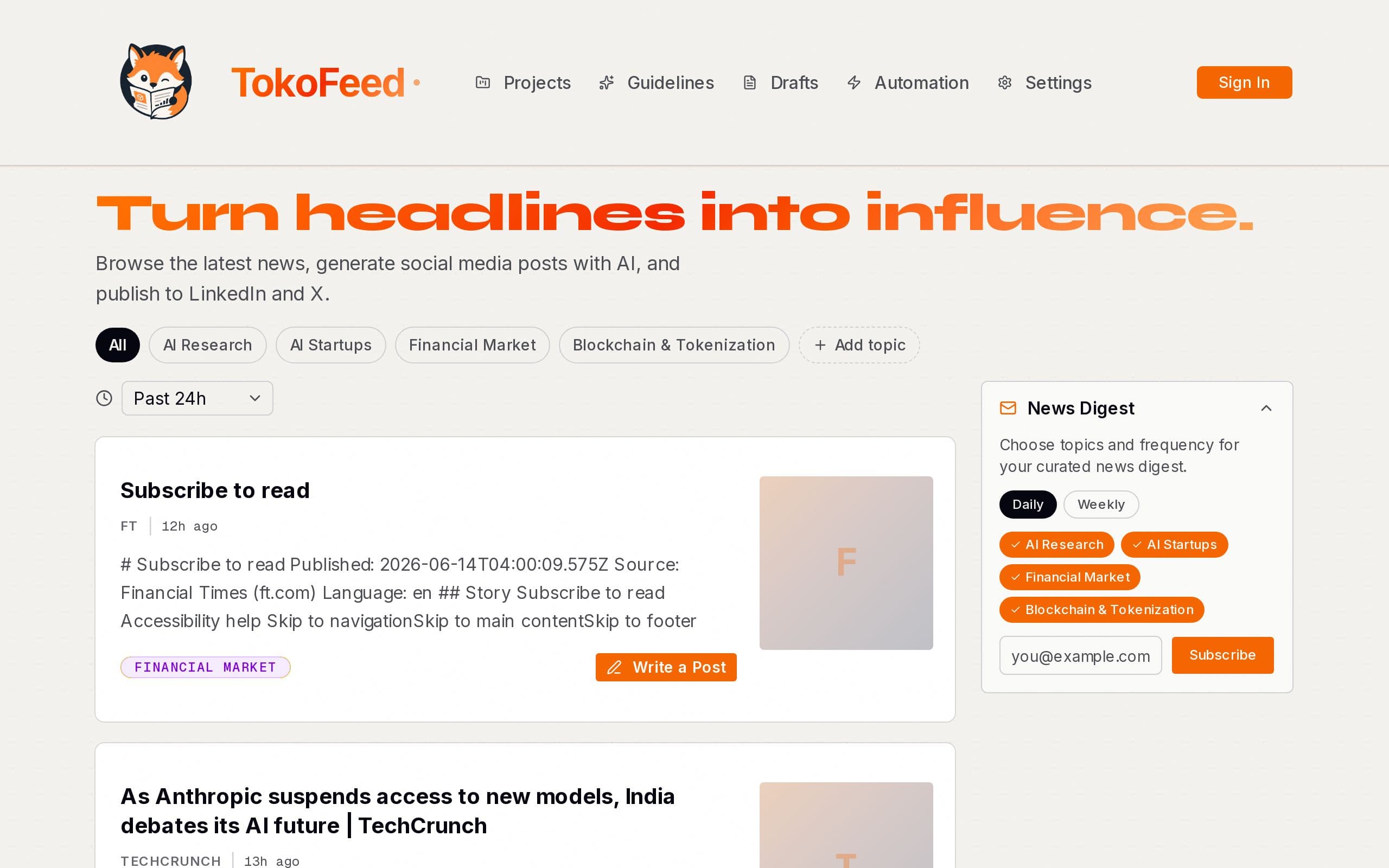 Screenshot of TokoFeed