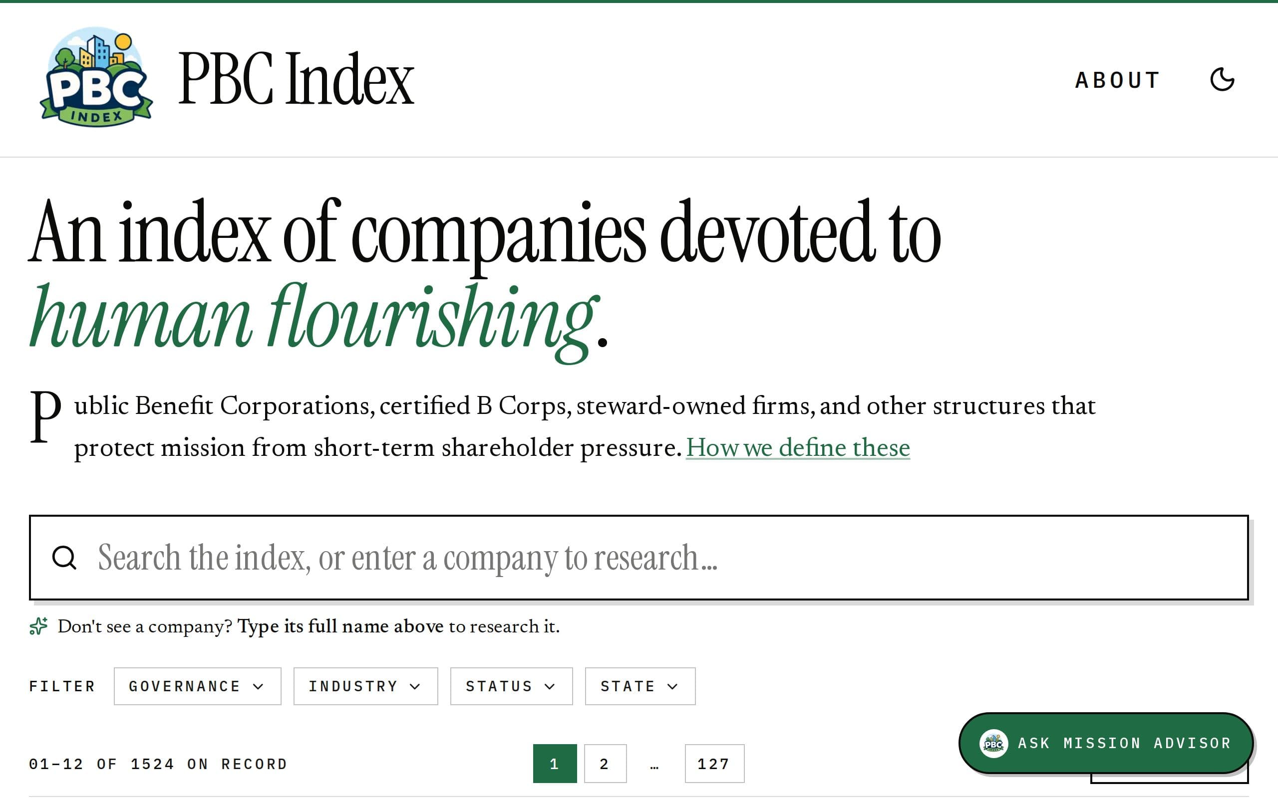 Screenshot of PBC Index