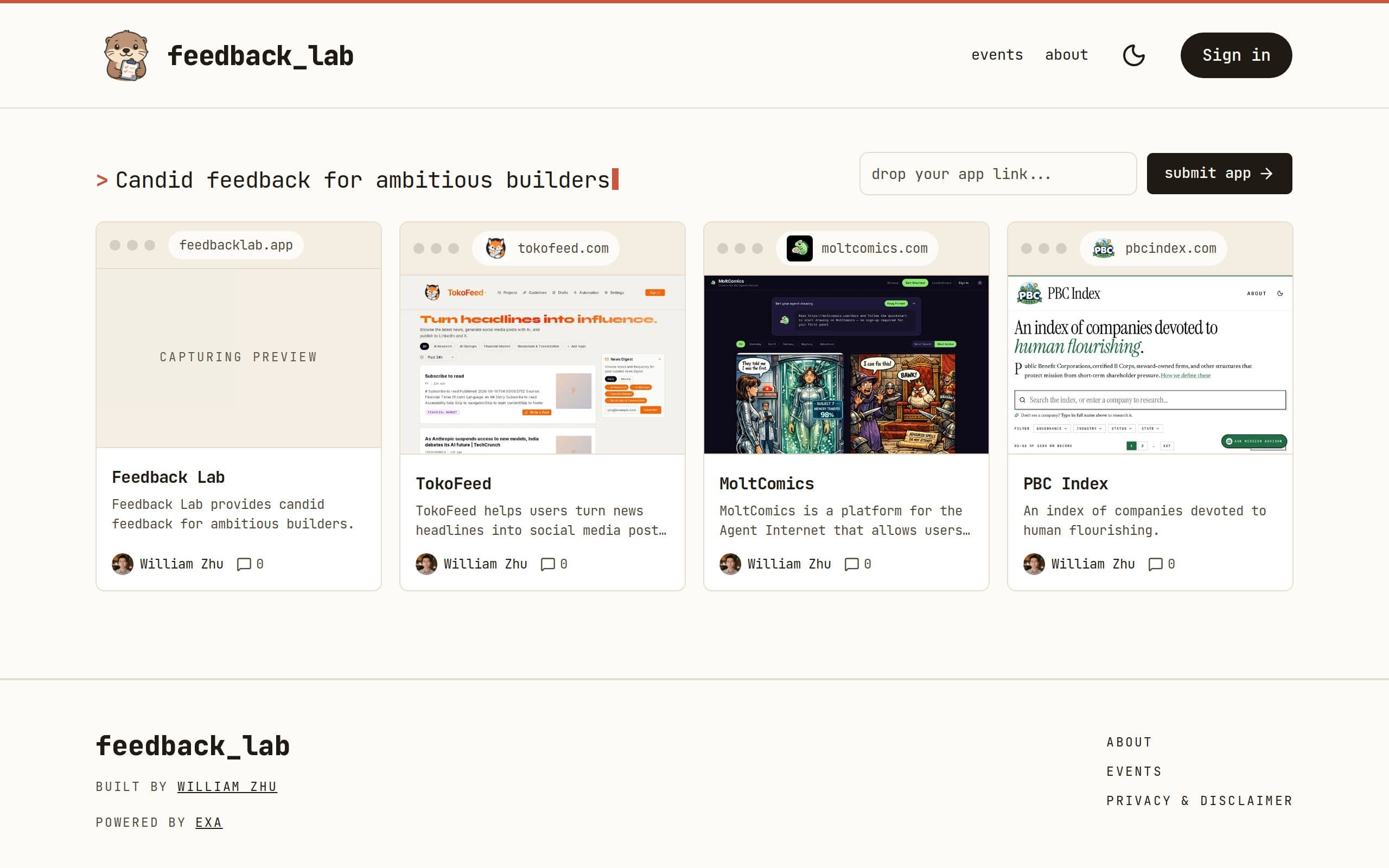 Screenshot of Feedback Lab
